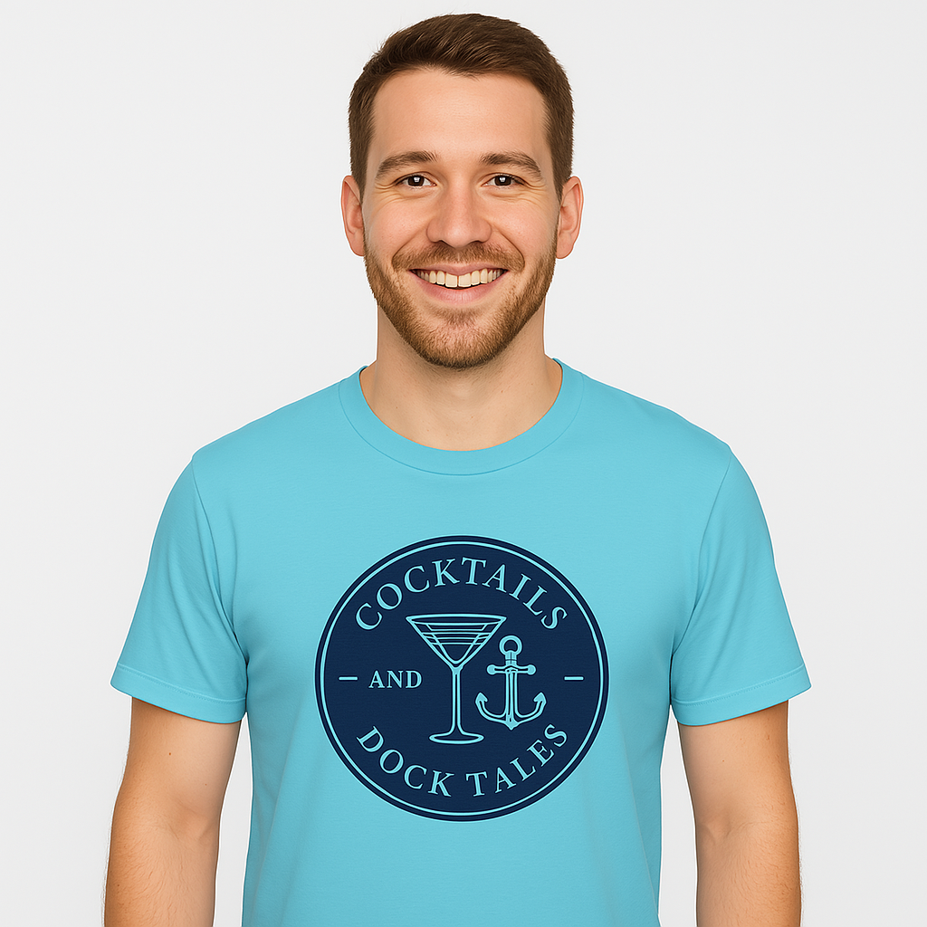 Cocktails and Dock Tales Unisex Graphic t-shirt Notorious Tee 

Unisex oversized graphic t-shirt with "Cocktails and Dock Tales" design, modeled outdoors, ideal for Fourth of July, men’s summer fashion, and custom casual wear.