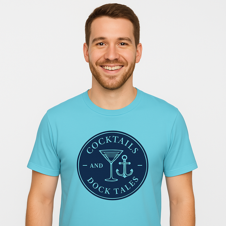 Cocktails and Dock Tales Unisex Graphic t-shirt Notorious Tee 

Unisex oversized graphic t-shirt with "Cocktails and Dock Tales" design, modeled outdoors, ideal for Fourth of July, men’s summer fashion, and custom casual wear.