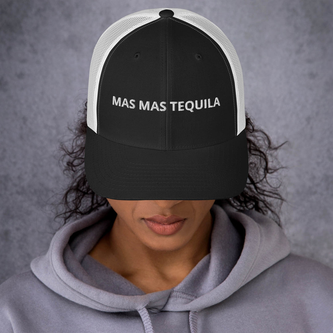 Más Tequila embroidered trucker cap with mesh back in black/white — Tequila Snob