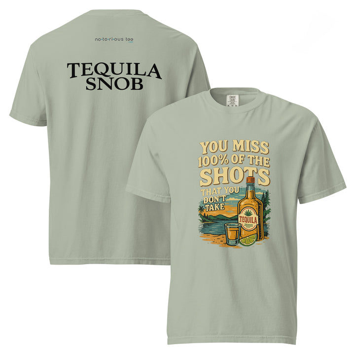 Take the Shot tee, dark logo, on bay-colored garment-dyed cotton — Tequila Snob