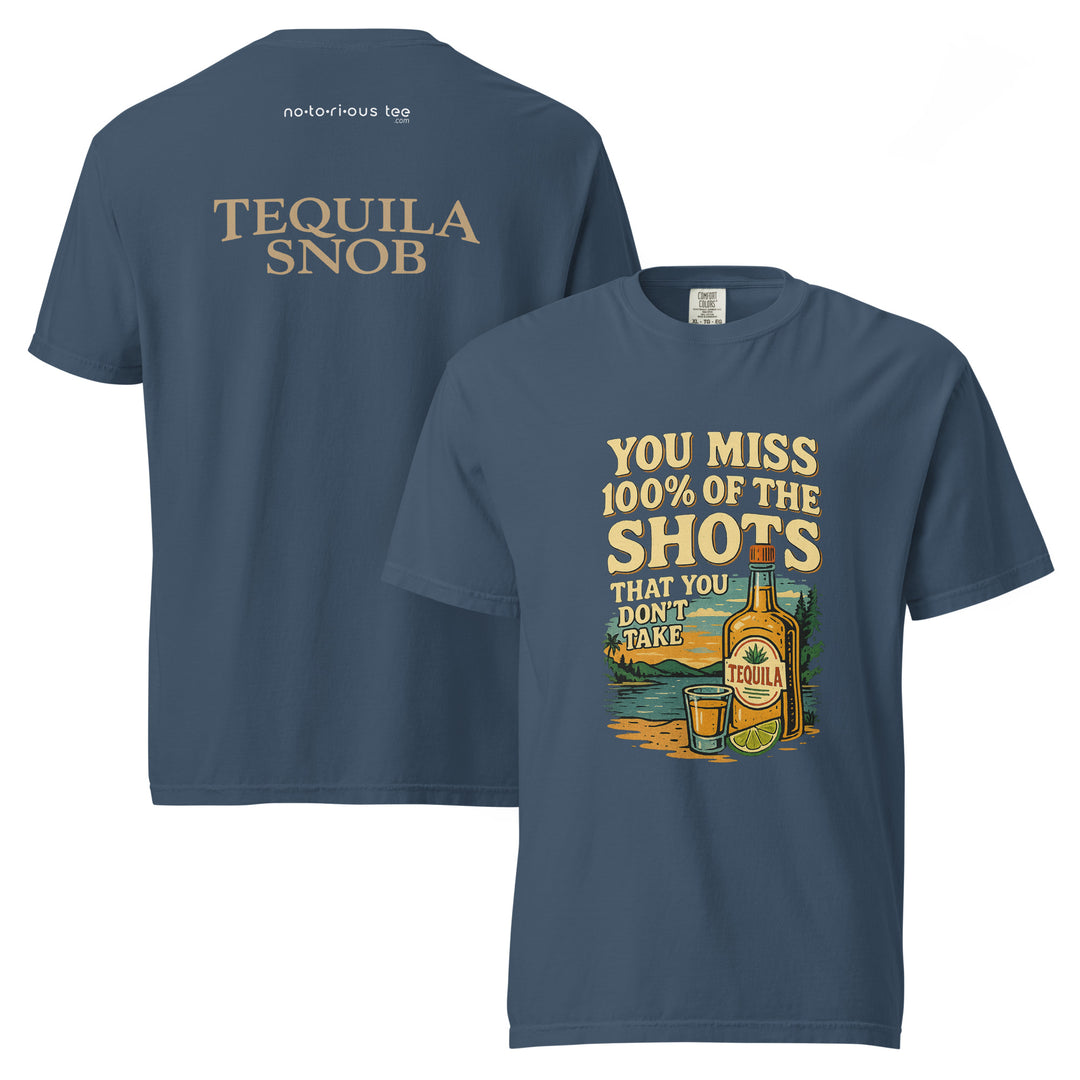 Take the Shot tee, light logo, on midnight garment-dyed cotton — Tequila Snob
