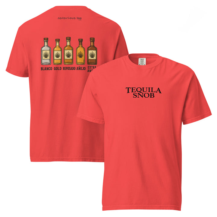 Tequila Snob Lineup tee with blanco/reposado/añejo/extra añejo bottles in paprika — Tequila Snob